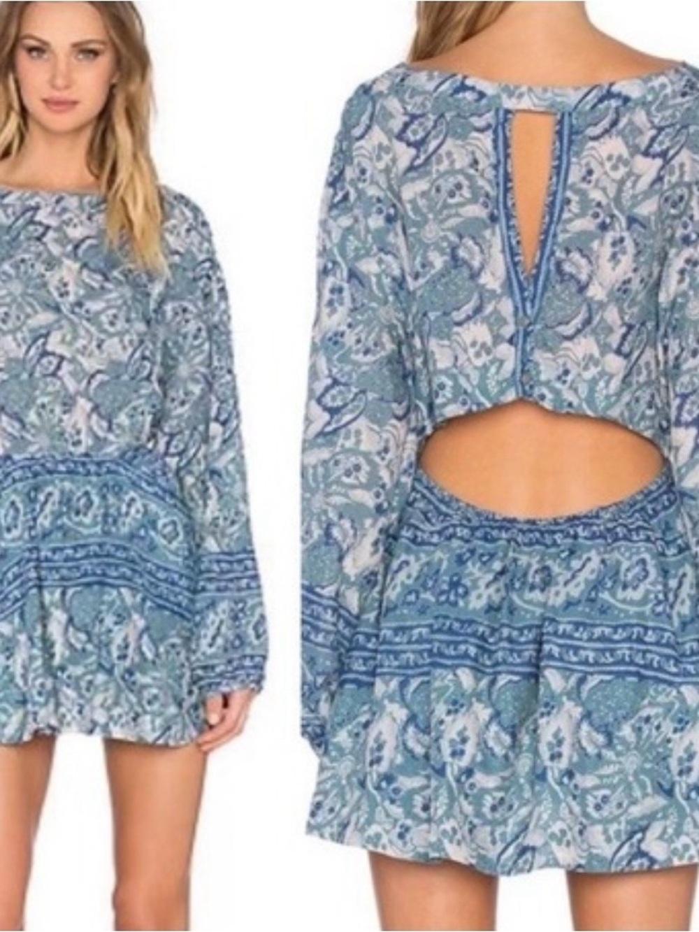 Free People Silver Sun Mini Dress XS Blue Paisley Open Back Balloon Sleeve Boho